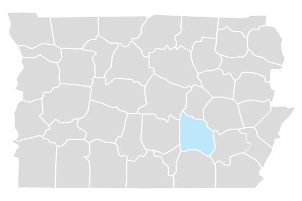 Middle Tennessee map with Coffee County highlighted in blue 