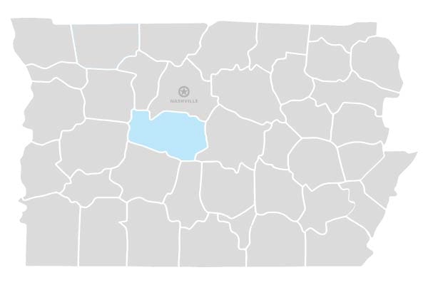 A map of Middle Tennessee with Williamson County highlighted in Blue.