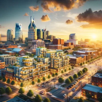 Vibrant Nashville cityscape at sunset, showcasing economic growth with modern residential buildings, lush greenery, and bustling streets, highlighting real estate investment opportunities.